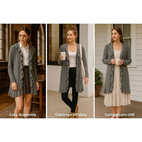 Only Mine Women Merino Wool Cardi Gray M Ruffle Trim Cozy Academia Cottagecore - Picture 1 of 7